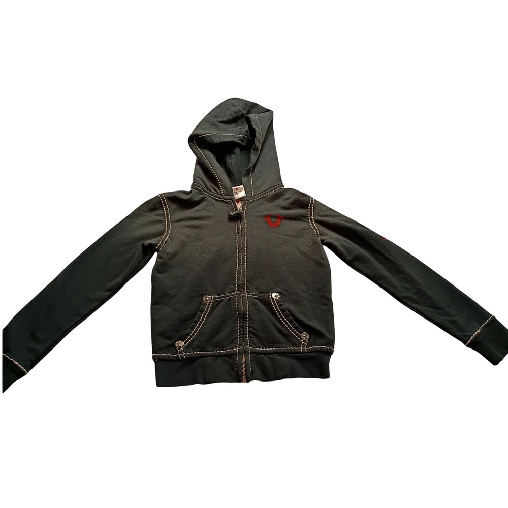 True Religion Big T Stitch Zip Up Hoodie Green Red Horseshoe Logo Boys Medium
